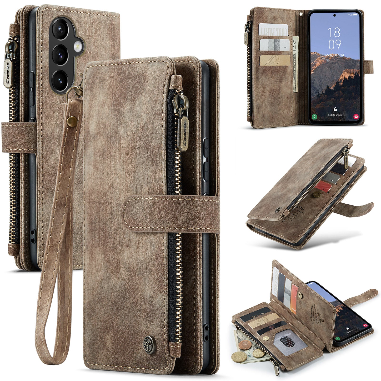 CASEME C30 Series pro Samsung Galaxy A54 5G PU kožené pouzdro na telefon Stojan Držák na kartu Kapsa na zip Ochranný kryt telefonu proti poškrábání CASEME C30 Series pro Samsung Galaxy A54 5G PU kožené pouzdro na telefon Stojan Držák na kartu Kapsa na zip Ochranný kryt telefonu proti poškrábání
